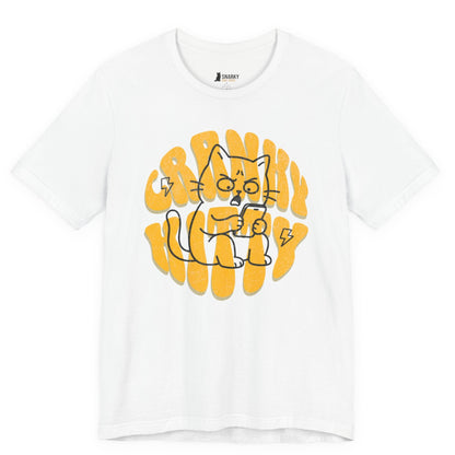Funny cat t-shirt with Cranky Kitty slogan and texting cat graphic on white shirt