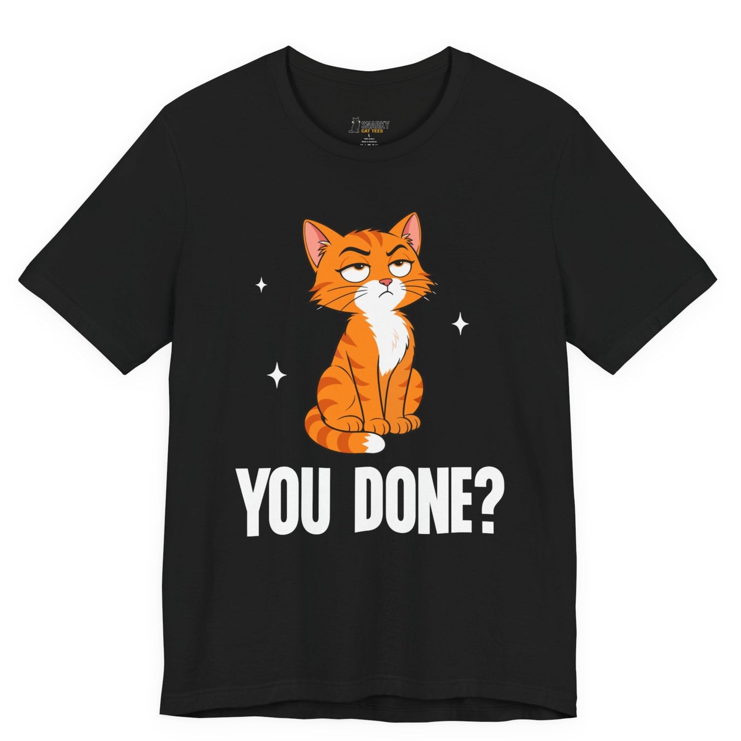 Sarcastic cat t-shirt with You Done slogan and seated orange cat graphic on black shirt