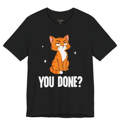 Sarcastic cat t-shirt with You Done slogan and seated orange cat graphic on black shirt