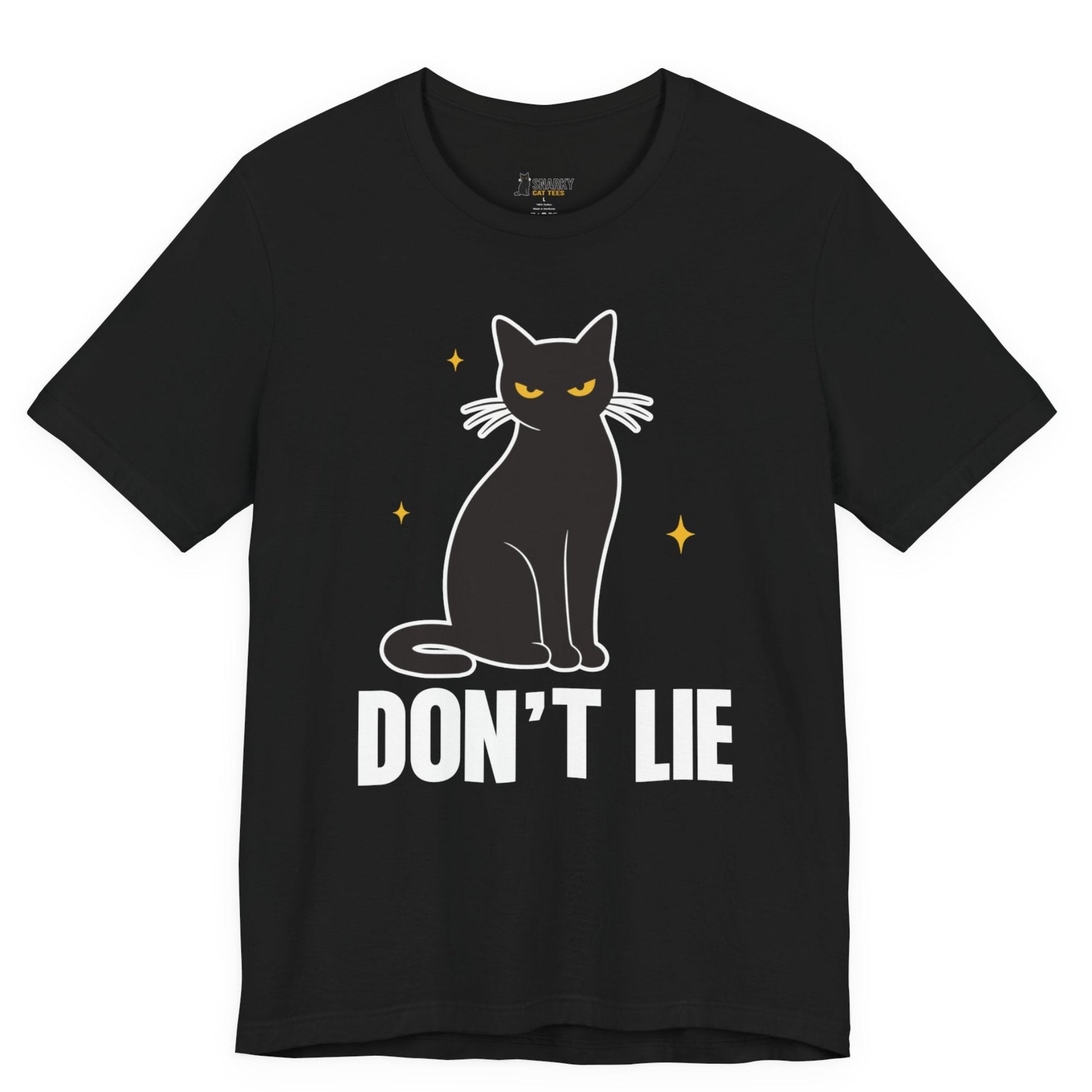 Snarky cat t-shirt with Don’t Lie slogan and black cat graphic on black shirt
