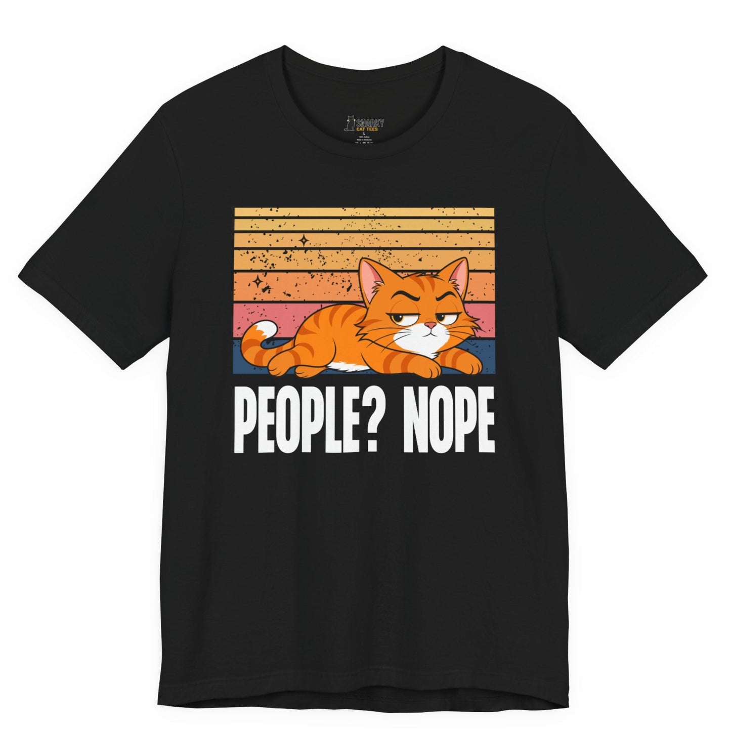 Introvert cat shirt with People Nope slogan and retro orange cat graphic on black shirt