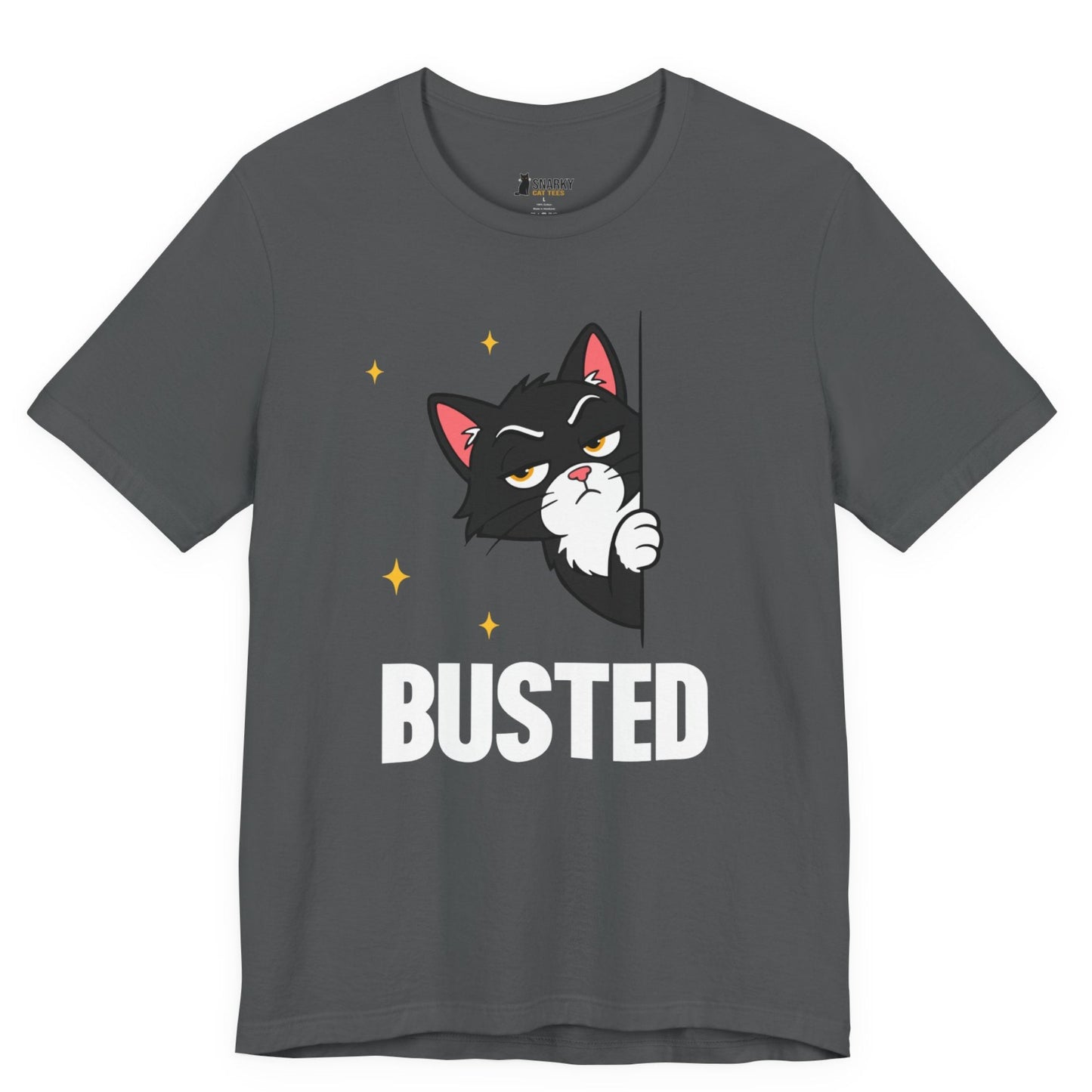 Snarky cat t-shirt with Busted slogan and peeking black cat graphic on gray shirt