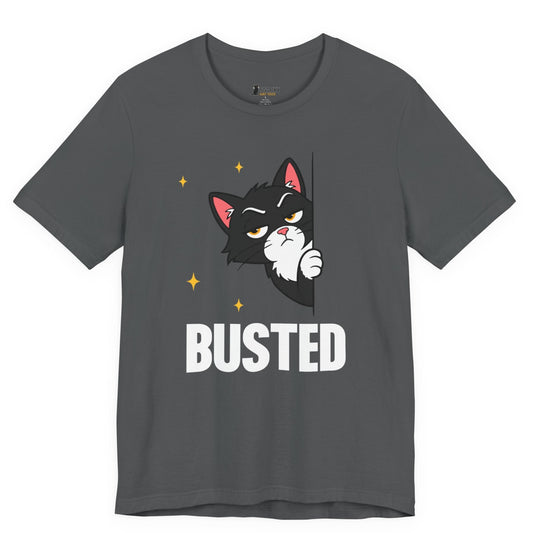 Snarky cat t-shirt with Busted slogan and peeking black cat graphic on gray shirt