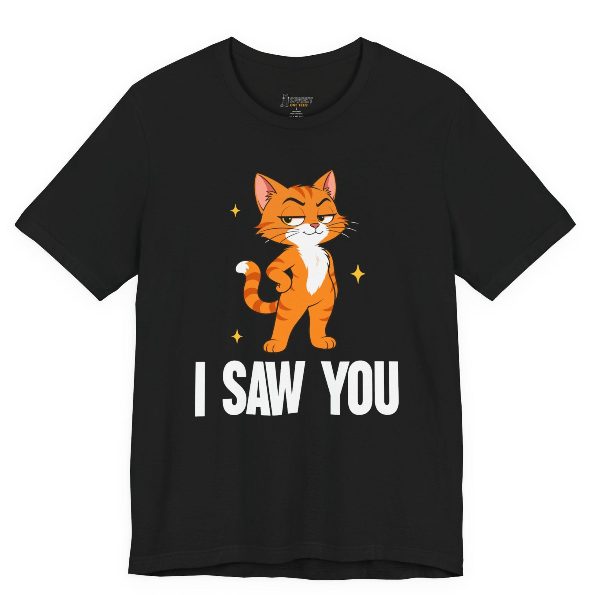Snarky cat t-shirt with I Saw You slogan and standing orange cat graphic on black shirt