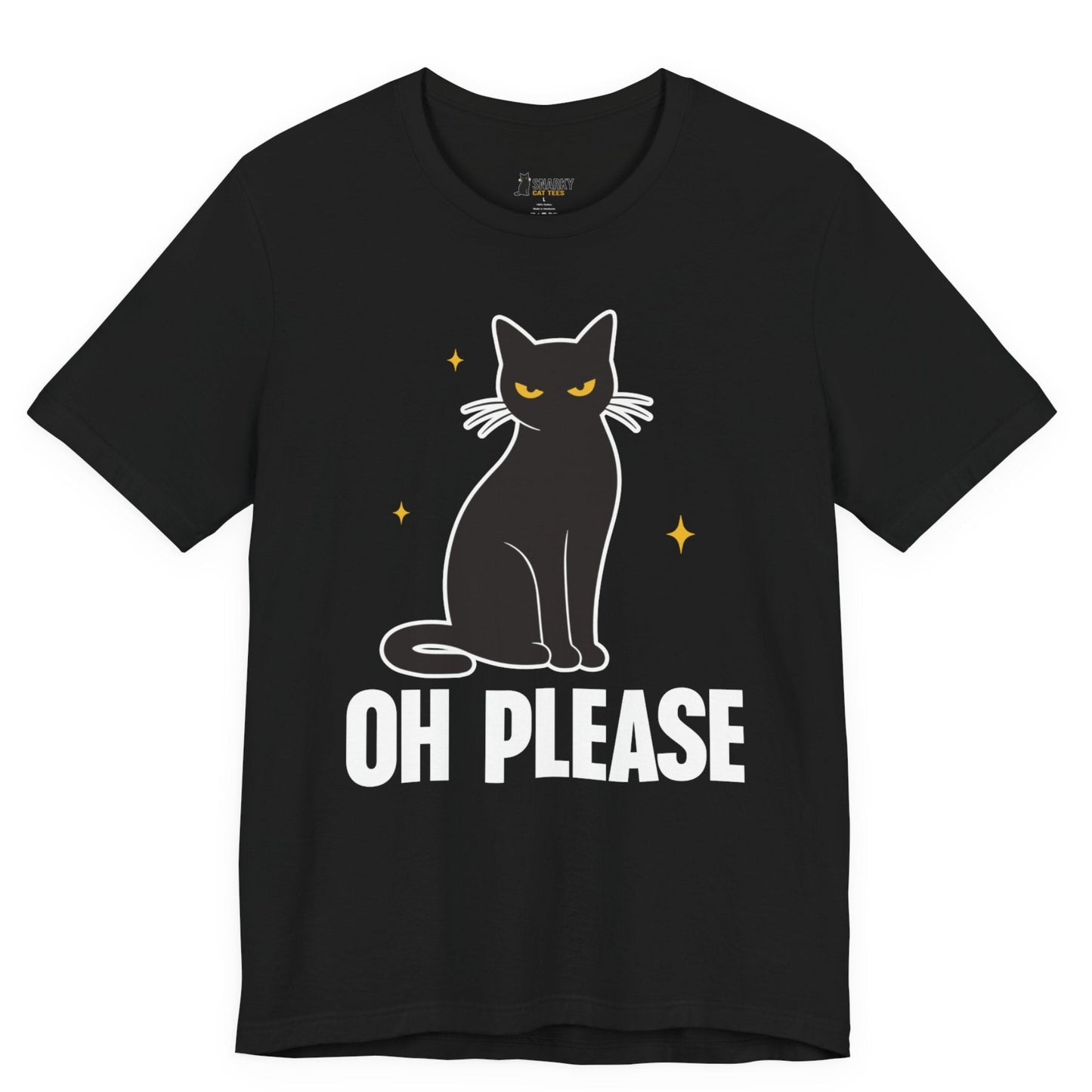 Snarky cat t-shirt with Oh Please slogan and black cat graphic on black shirt