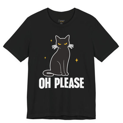 Snarky cat t-shirt with Oh Please slogan and black cat graphic on black shirt