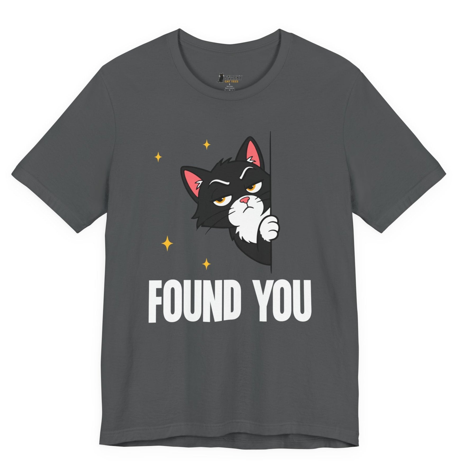 Snarky cat t-shirt with Found You slogan and peeking black cat graphic on gray shirt