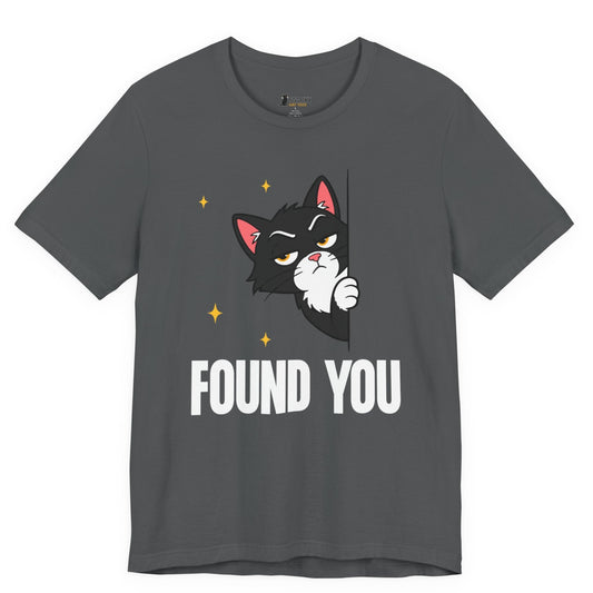 Snarky cat t-shirt with Found You slogan and peeking black cat graphic on gray shirt