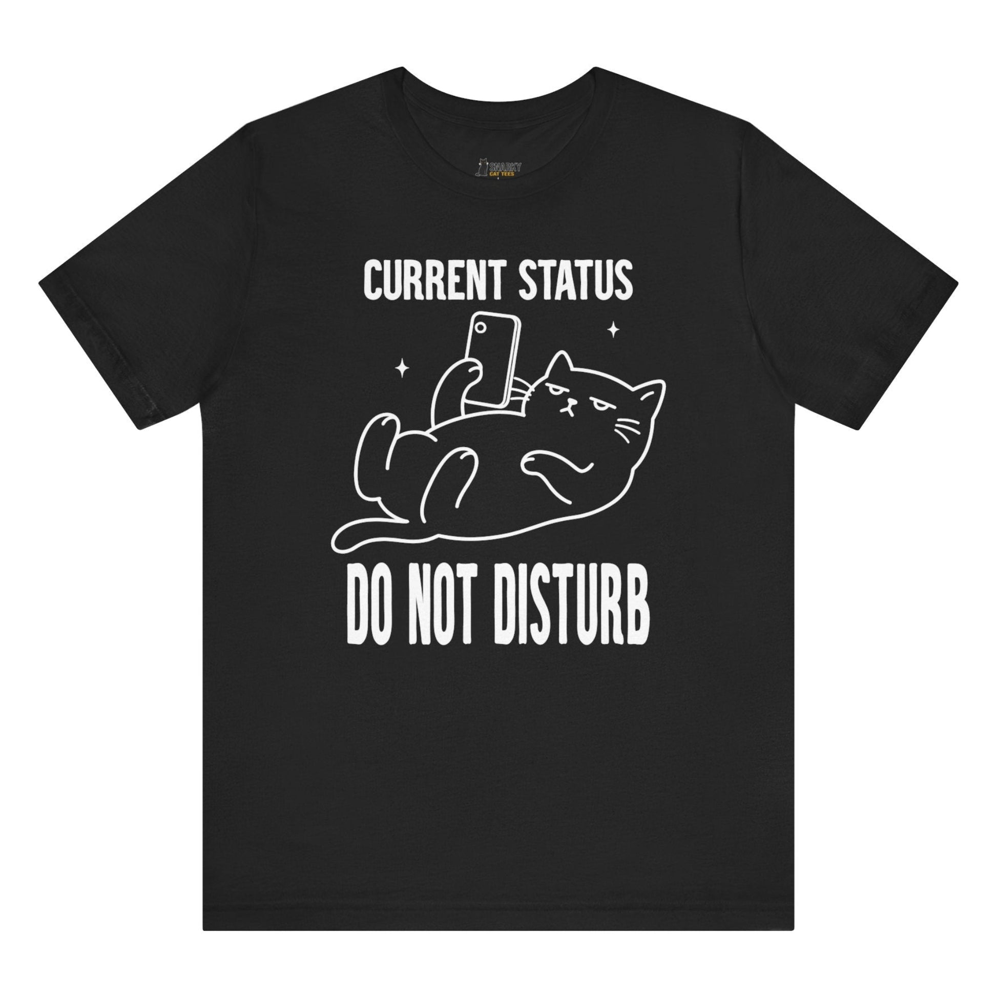Funny cat t-shirt with Do Not Disturb slogan and phone cat graphic on black shirt