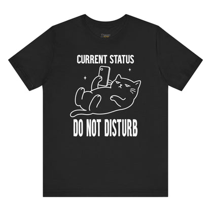 Funny cat t-shirt with Do Not Disturb slogan and phone cat graphic on black shirt
