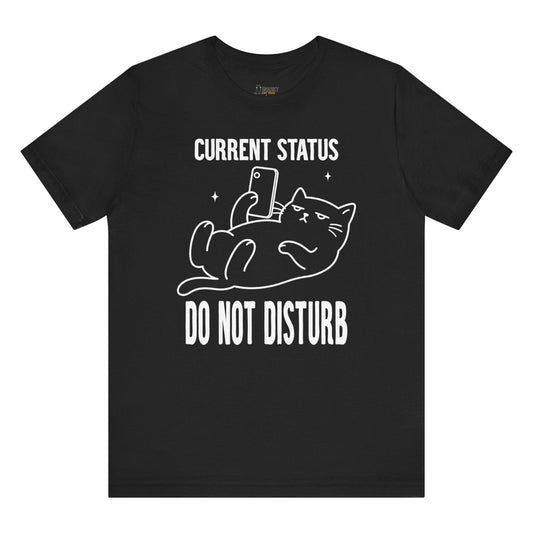 Funny cat t-shirt with Do Not Disturb slogan and phone cat graphic on black shirt