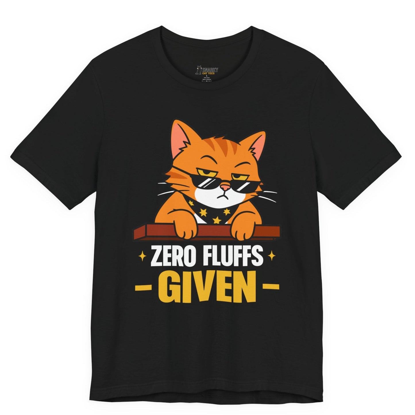 Funny cat t-shirt with Zero Fluffs Given slogan and sunglasses cat graphic on black shirt