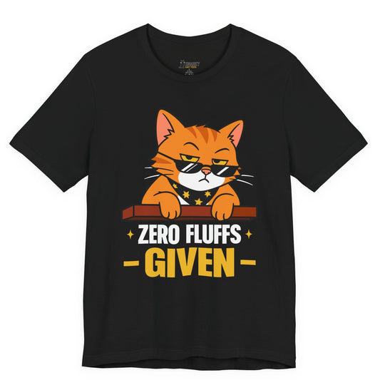 Funny cat t-shirt with Zero Fluffs Given slogan and sunglasses cat graphic on black shirt