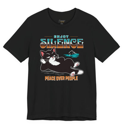 Introvert cat shirt with Enjoy Silence Peace Over People slogan and lounging cat graphic on black shirt