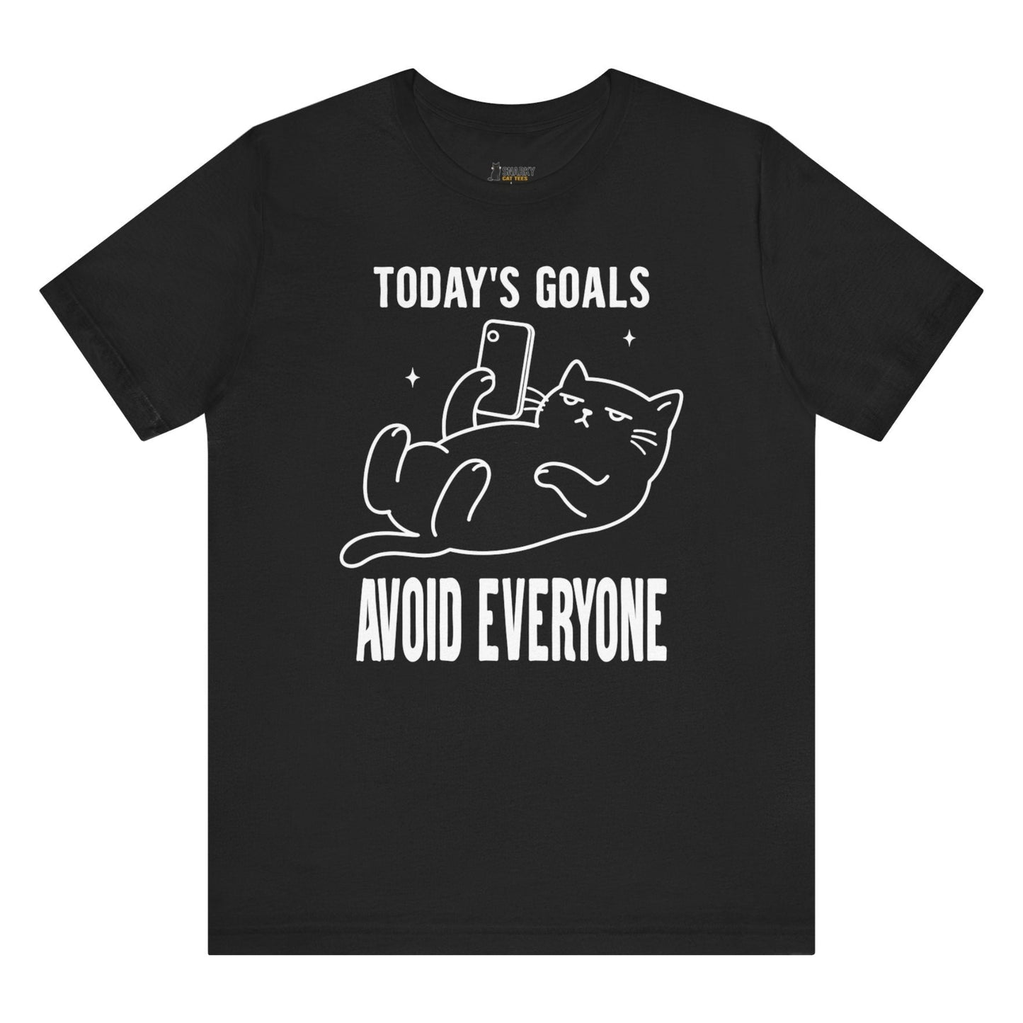 Introvert cat shirt with Today’s Goals Avoid Everyone slogan and phone cat graphic on black shirt