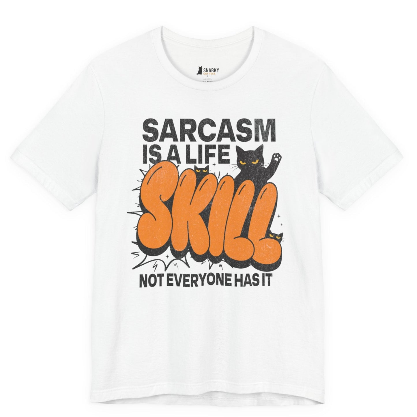 Funny cat t-shirt with Sarcasm Is a Life Skill slogan and graffiti cat graphic on white shirt