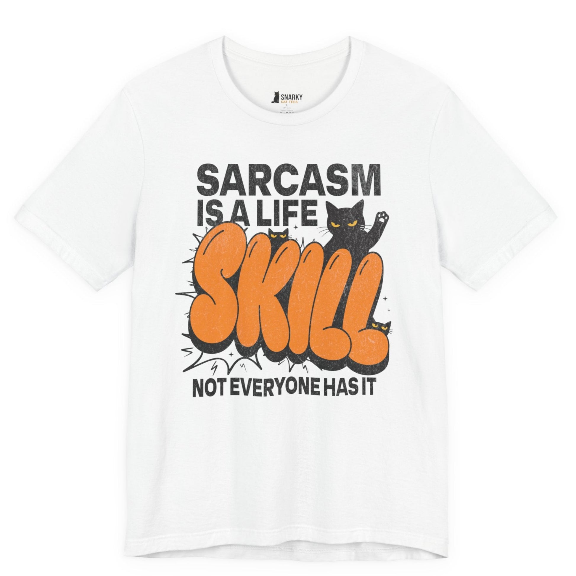 Funny cat t-shirt with Sarcasm Is a Life Skill slogan and graffiti cat graphic on white shirt
