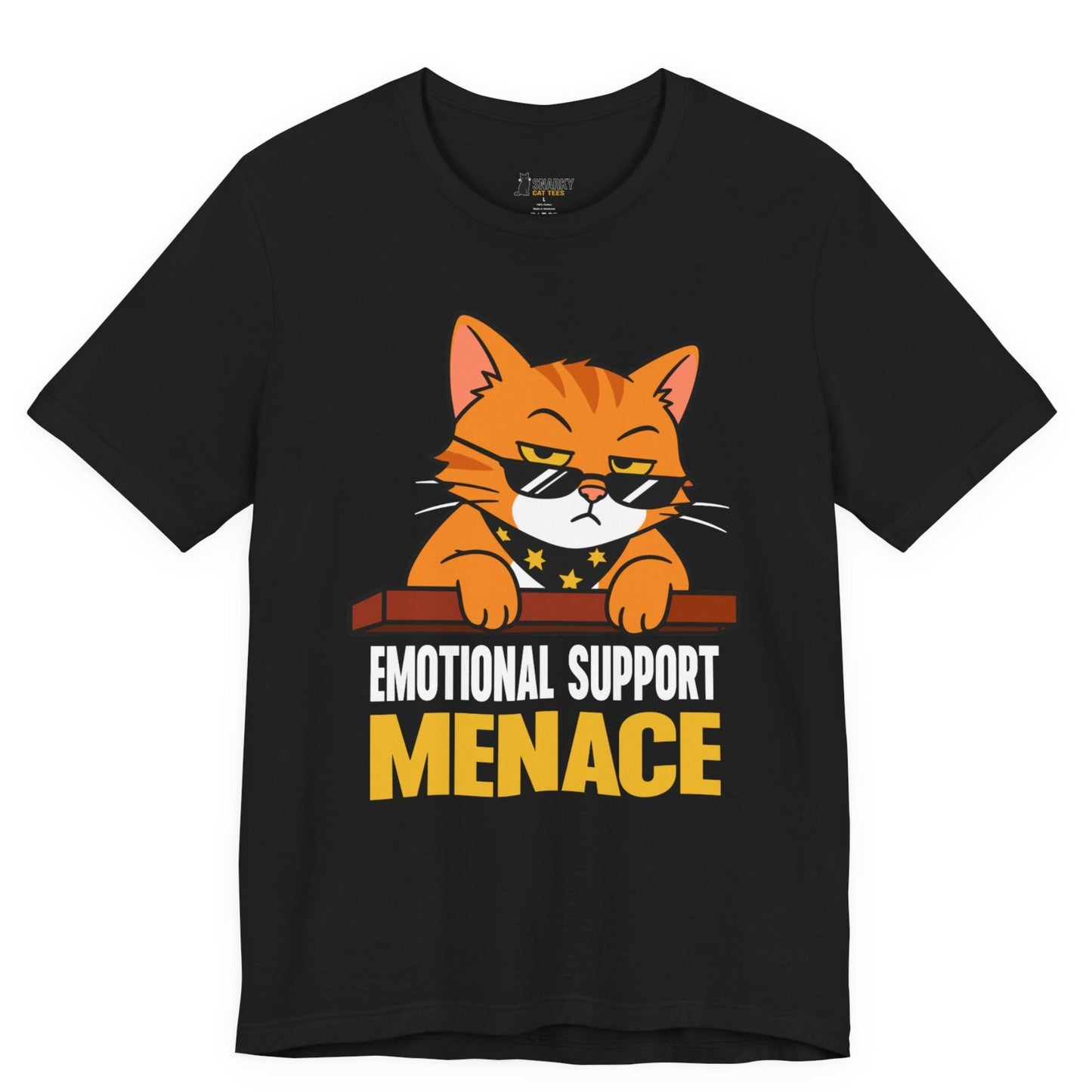 Funny cat t-shirt with Emotional Support Menace slogan and sunglasses cat graphic on black shirt
