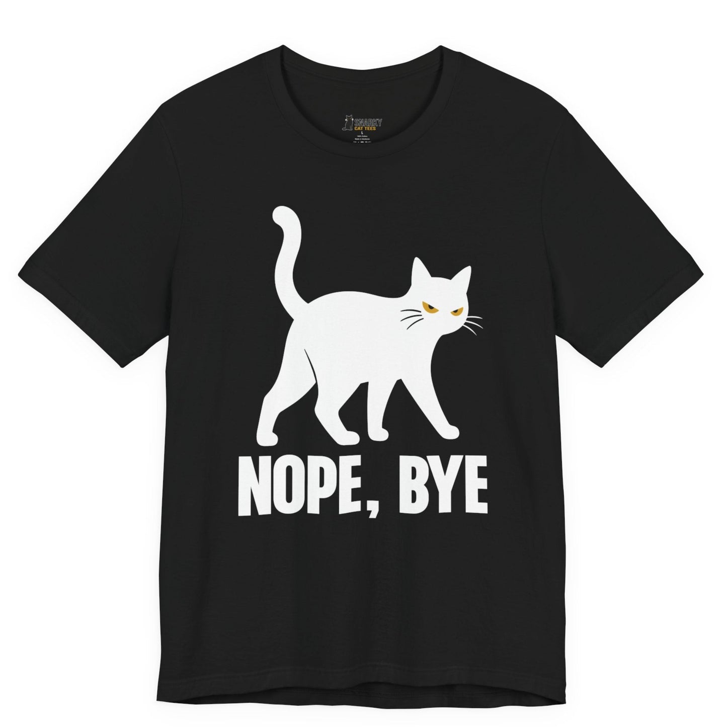 Sarcastic cat t-shirt with Nope Bye slogan and white walking cat graphic on black shirt