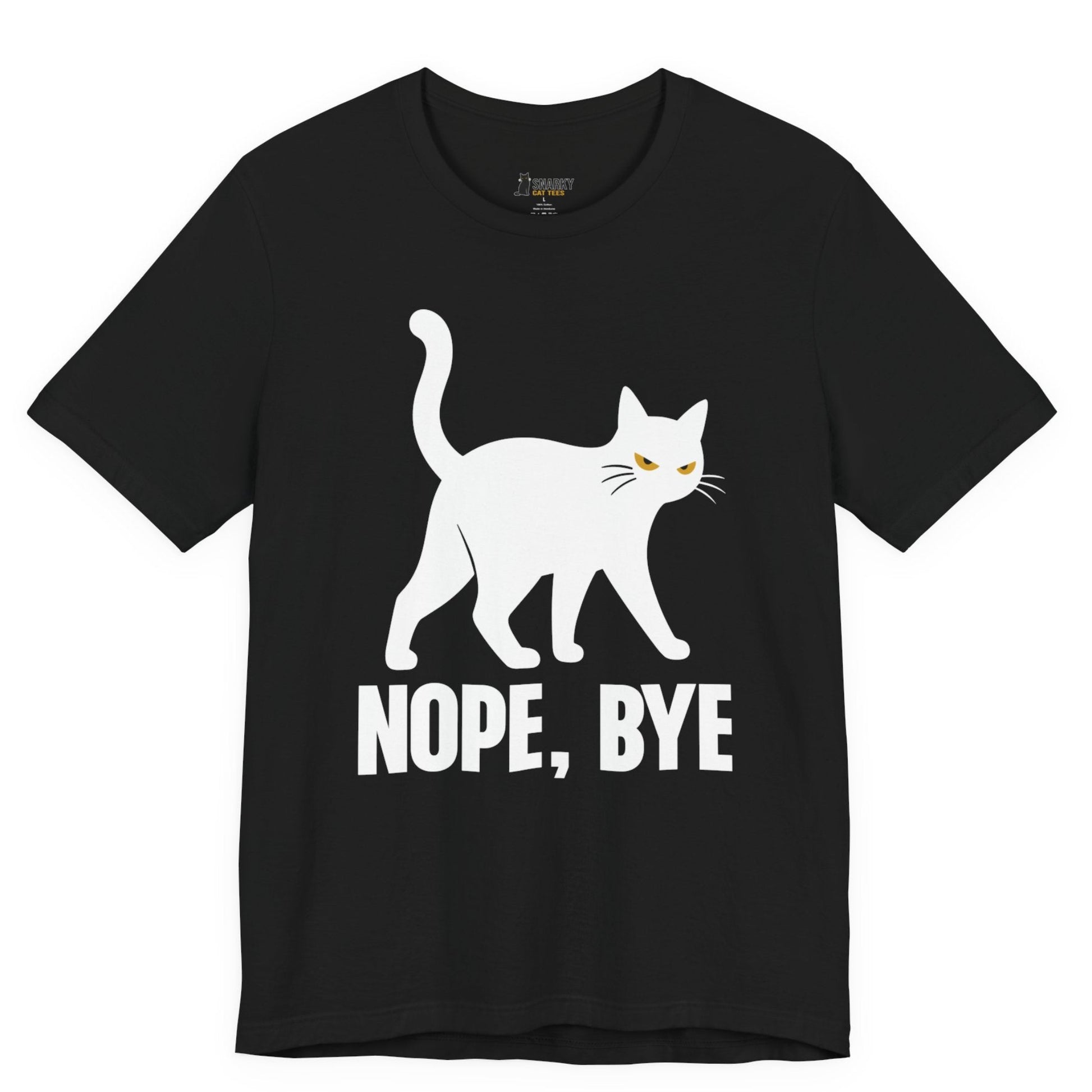 Sarcastic cat t-shirt with Nope Bye slogan and white walking cat graphic on black shirt