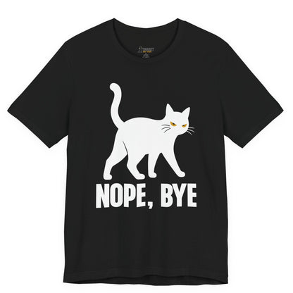 Sarcastic cat t-shirt with Nope Bye slogan and white walking cat graphic on black shirt