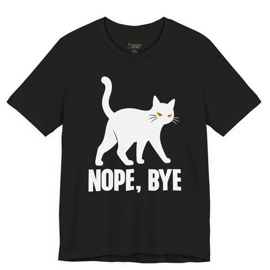 Sarcastic cat t-shirt with Nope Bye slogan and white walking cat graphic on black shirt