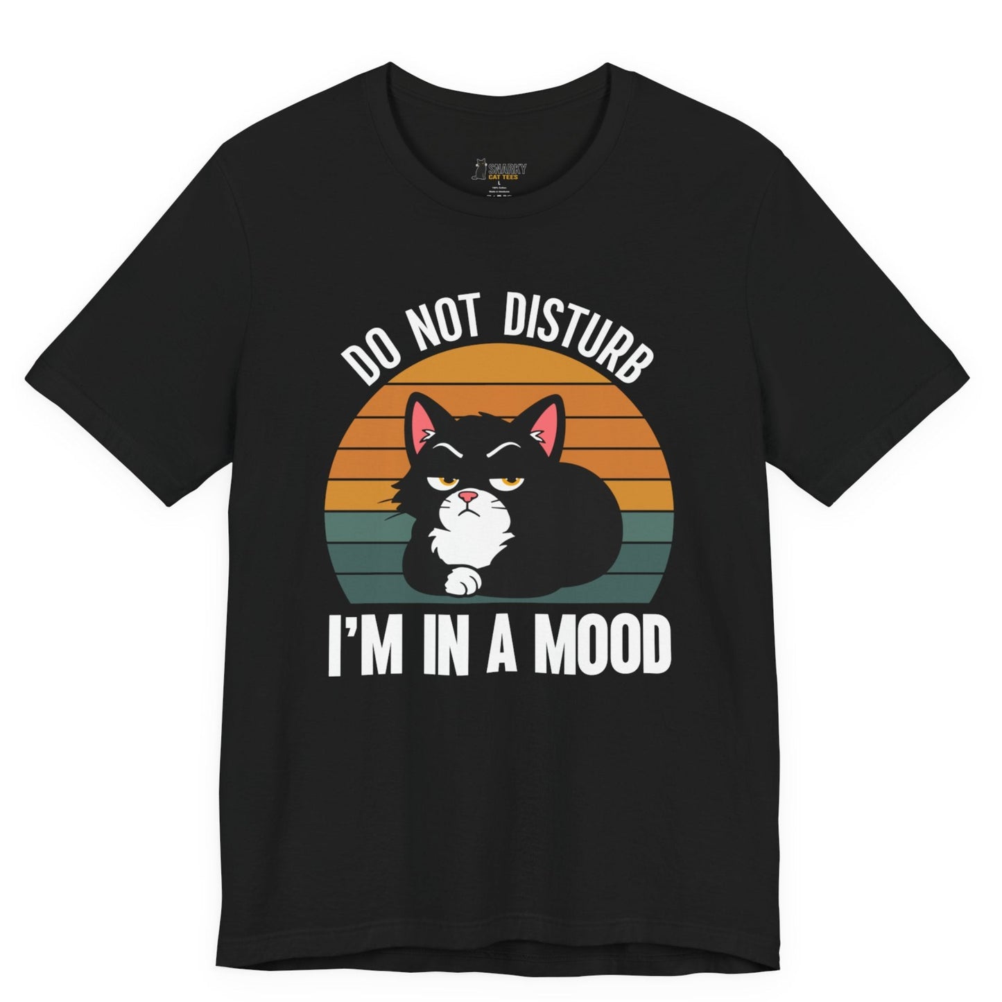 Funny cat t-shirt with Do Not Disturb I’m in a Mood slogan and retro black cat graphic on black shirt