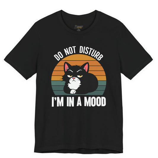 Funny cat t-shirt with Do Not Disturb I’m in a Mood slogan and retro black cat graphic on black shirt