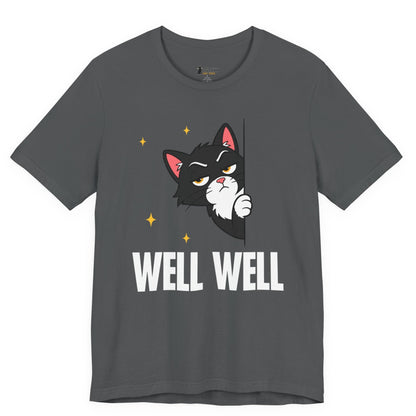 Snarky cat t-shirt with Well Well slogan and peeking black cat graphic on gray shirt