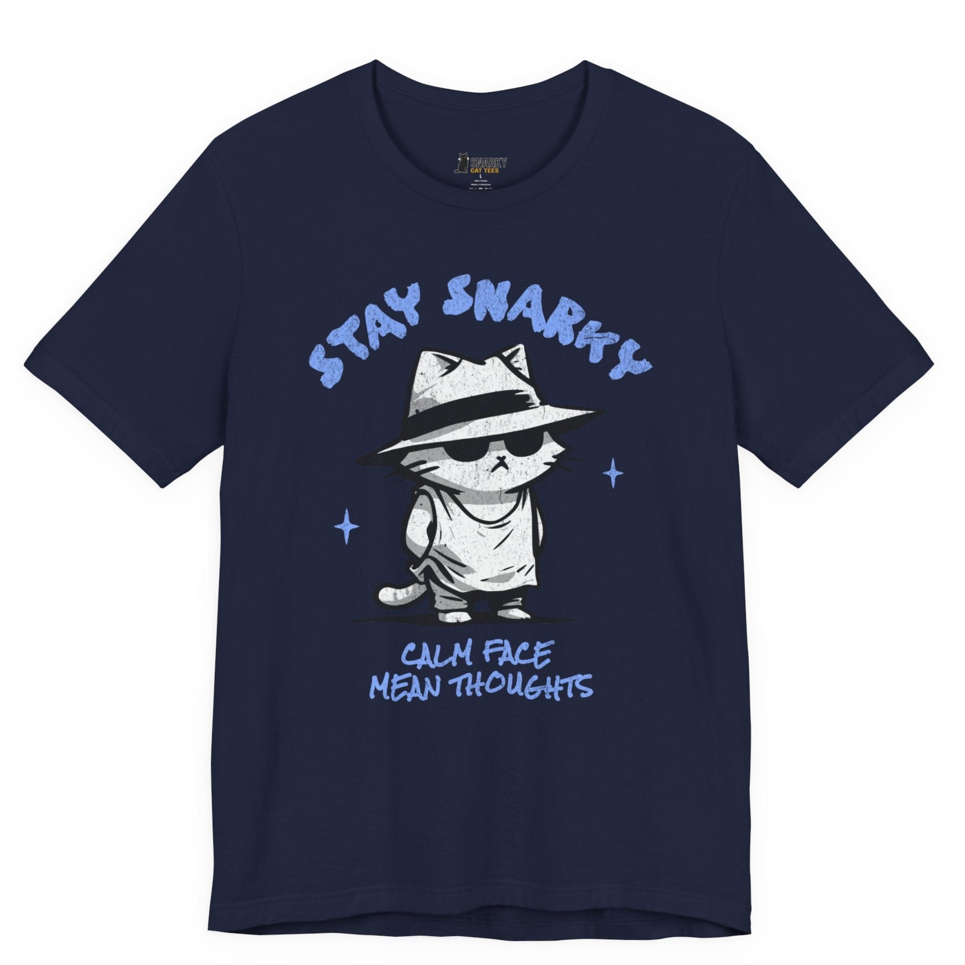 Funny cat t-shirt with Stay Snarky Calm Face Mean Thoughts slogan and fedora cat graphic on navy shirt