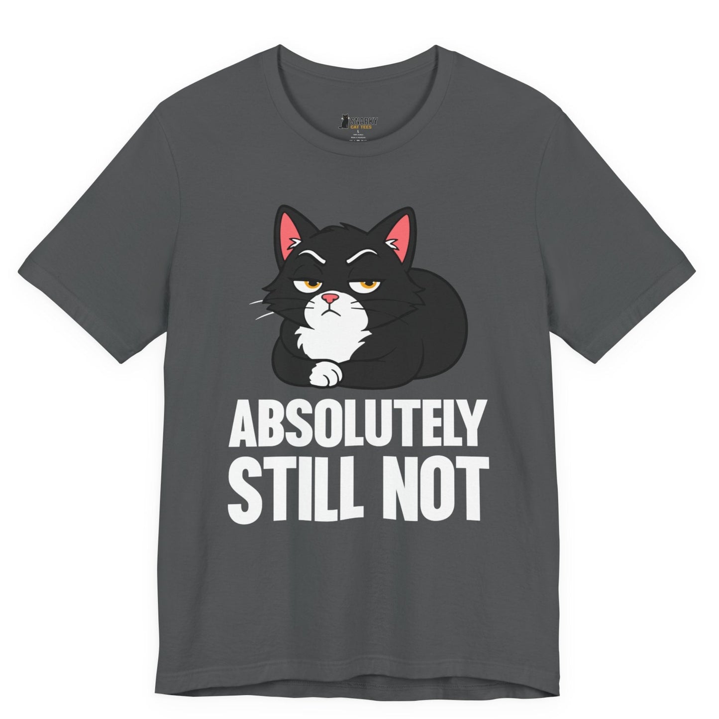 Funny cat t-shirt with Absolutely Still Not slogan and black loaf cat graphic on gray shirt