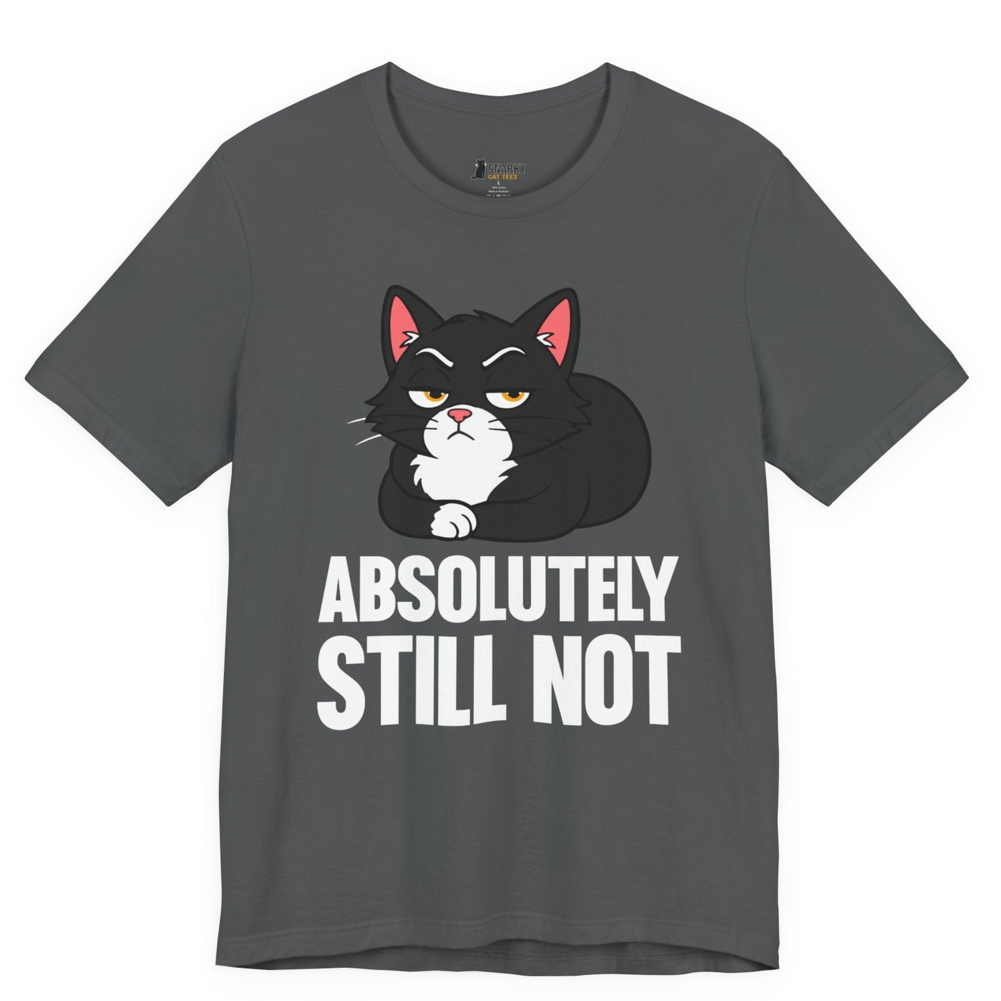 Funny cat t-shirt with Absolutely Still Not slogan and black loaf cat graphic on gray shirt