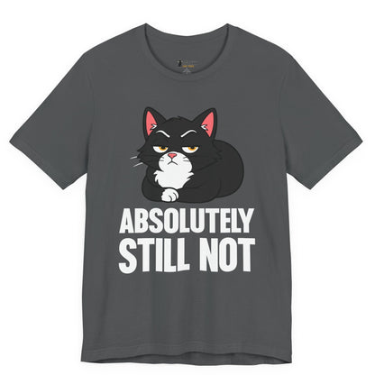 Funny cat t-shirt with Absolutely Still Not slogan and black loaf cat graphic on gray shirt