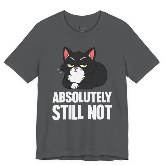 Funny cat t-shirt with Absolutely Still Not slogan and black loaf cat graphic on gray shirt