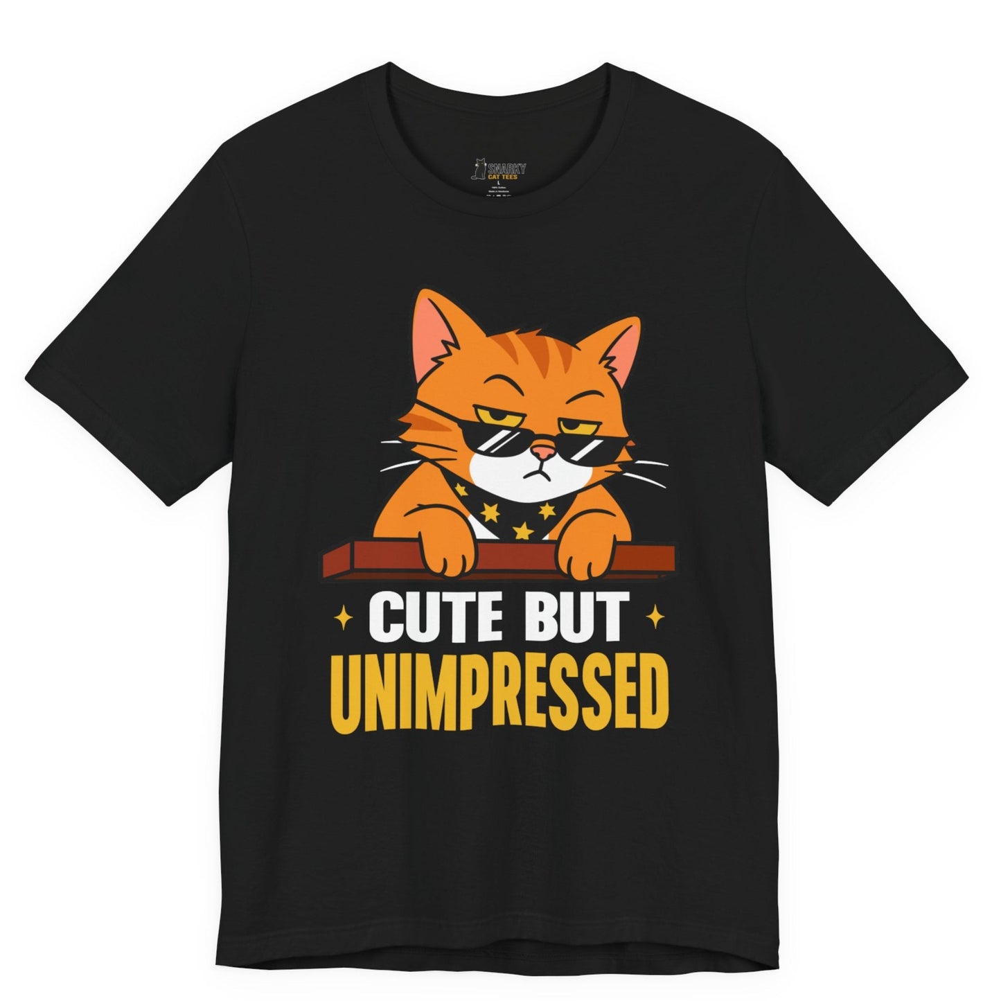 Funny cat t-shirt with Cute But Unimpressed slogan and sunglasses cat graphic on black shirt