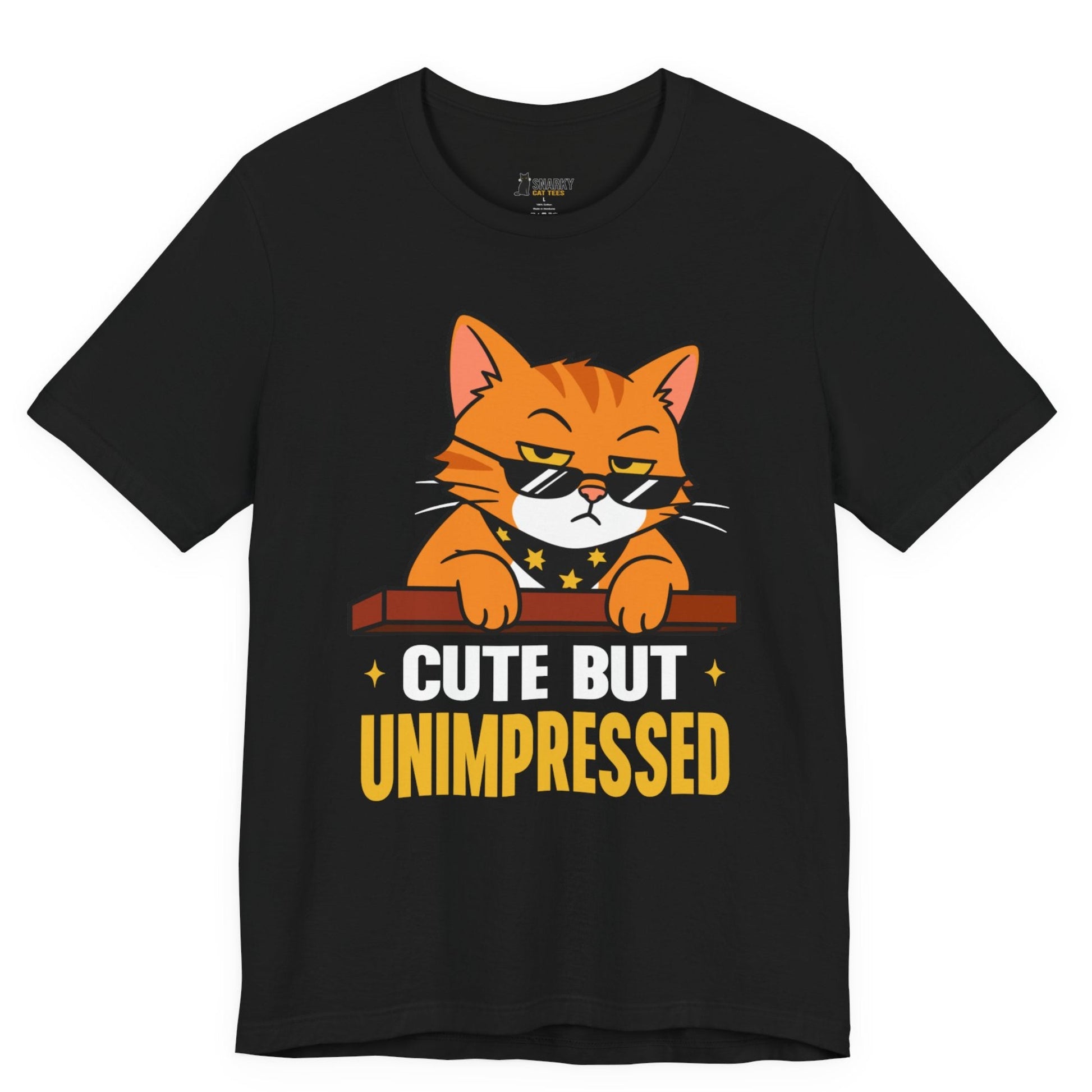 Funny cat t-shirt with Cute But Unimpressed slogan and sunglasses cat graphic on black shirt
