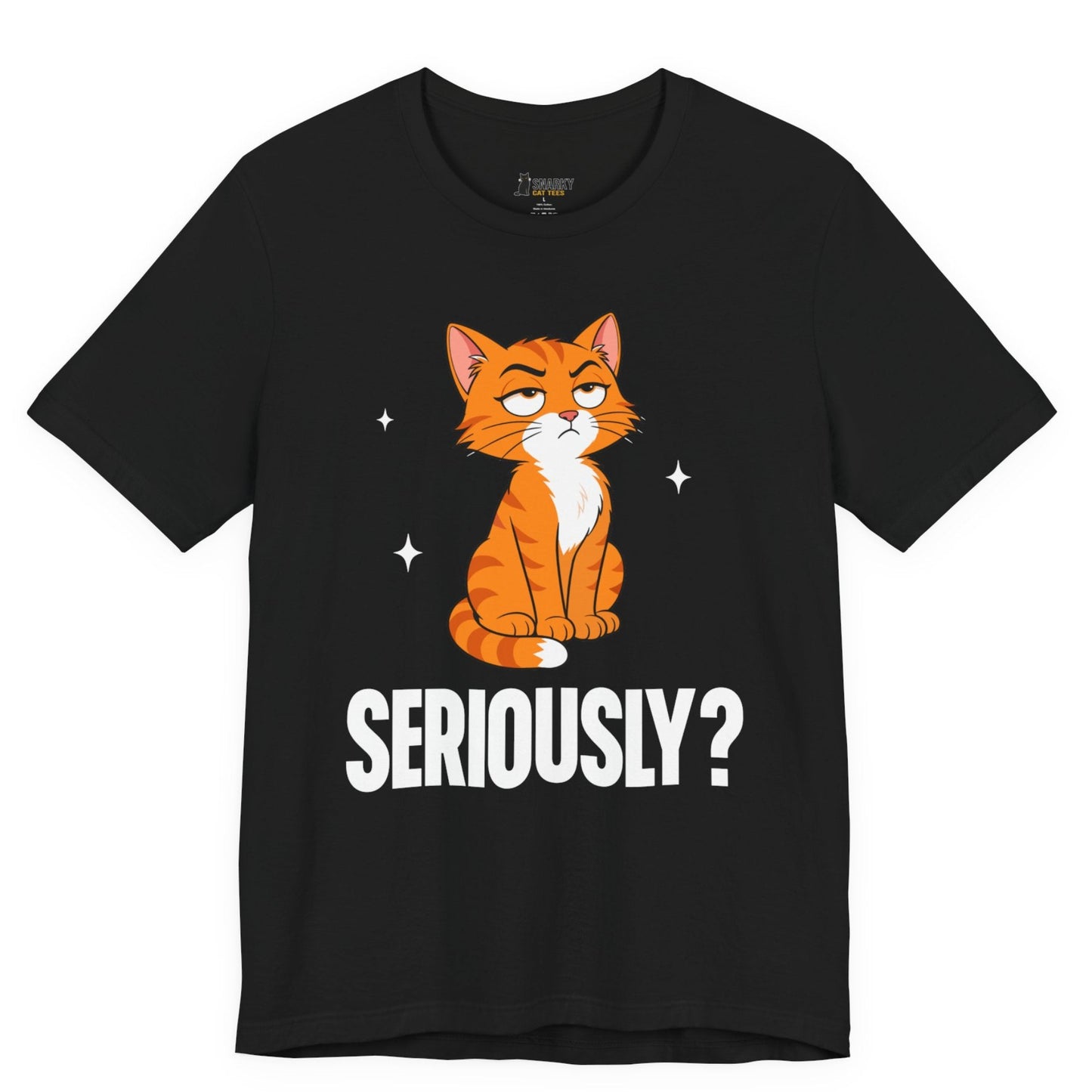 Snarky cat t-shirt with Seriously slogan and seated orange cat graphic on black shirt
