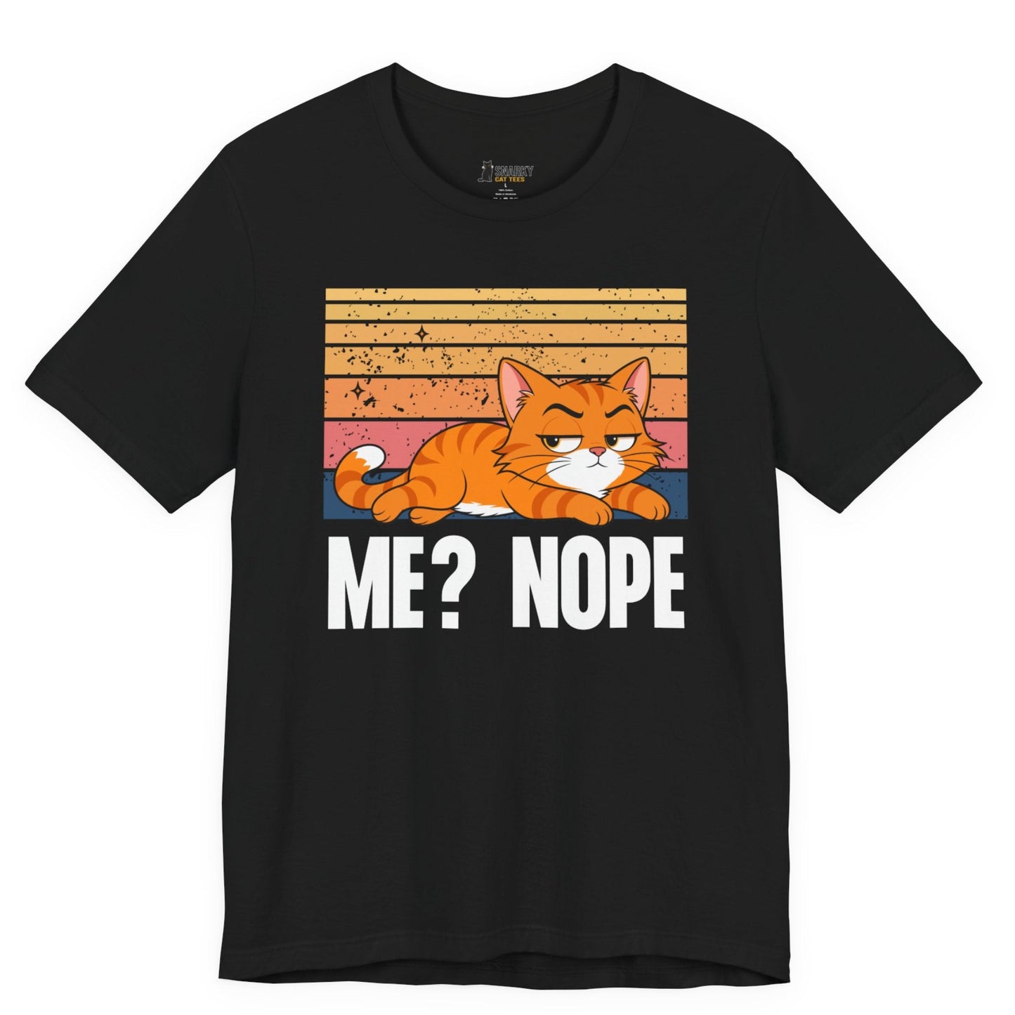 Sarcastic cat t-shirt with Me Nope slogan and retro orange cat graphic on black shirt