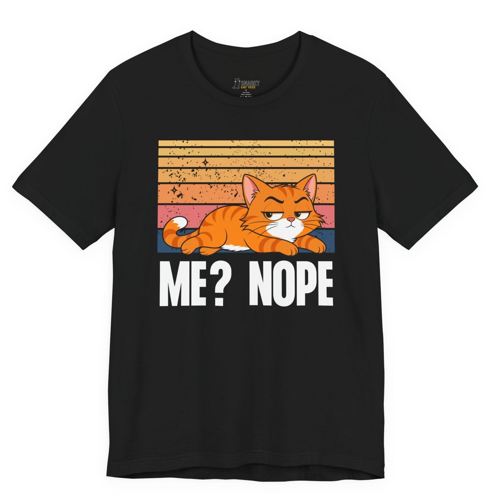 Sarcastic cat t-shirt with Me Nope slogan and retro orange cat graphic on black shirt