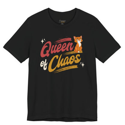 Funny cat t-shirt with Queen of Chaos slogan and orange cat graphic on black shirt
