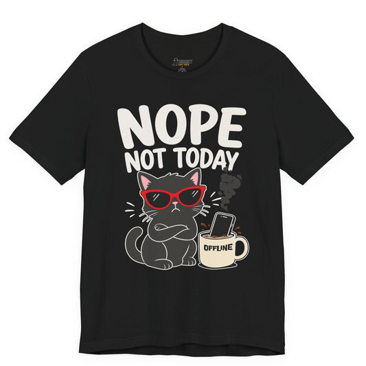 Funny cat t-shirt with Nope Not Today slogan, sunglasses cat graphic, and offline mug on black shirt