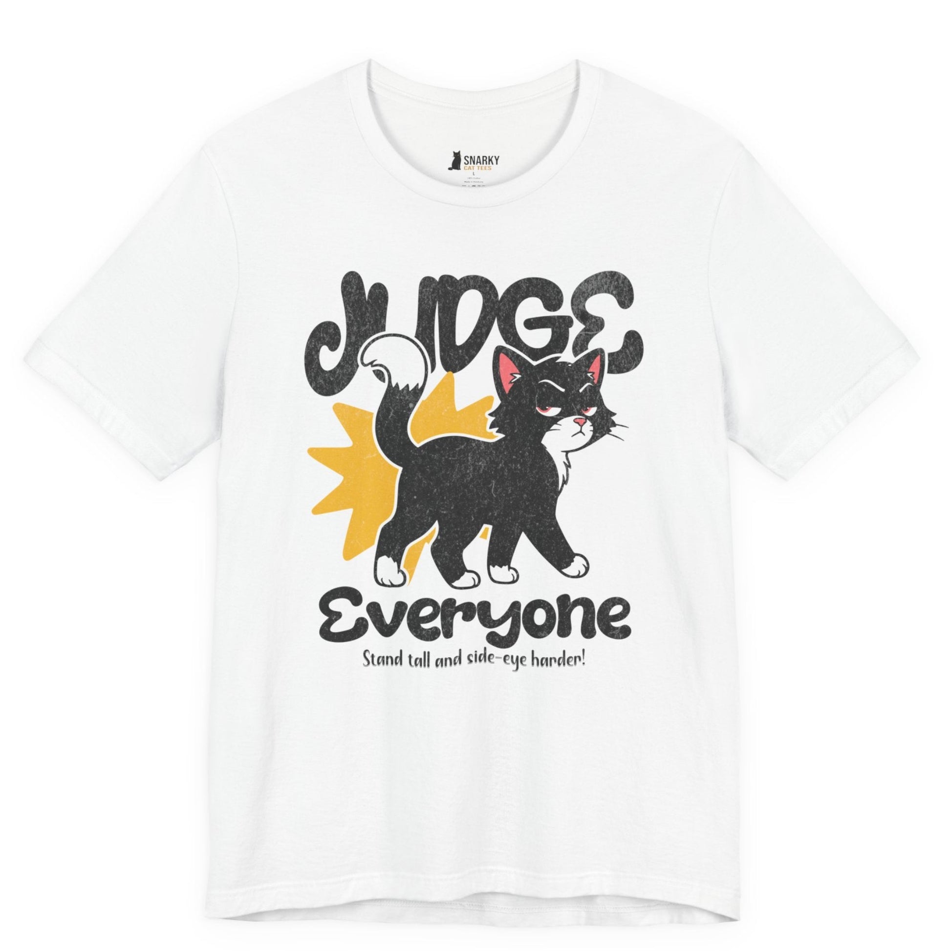 Funny cat t-shirt with Judge Everyone slogan and crown cat graphic on white shirt