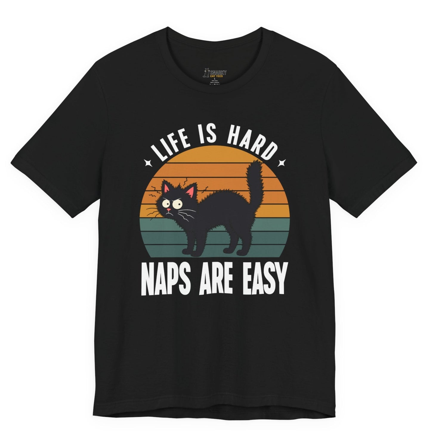 Funny cat t-shirt with Life Is Hard Naps Are Easy slogan and retro black cat graphic on black shirt