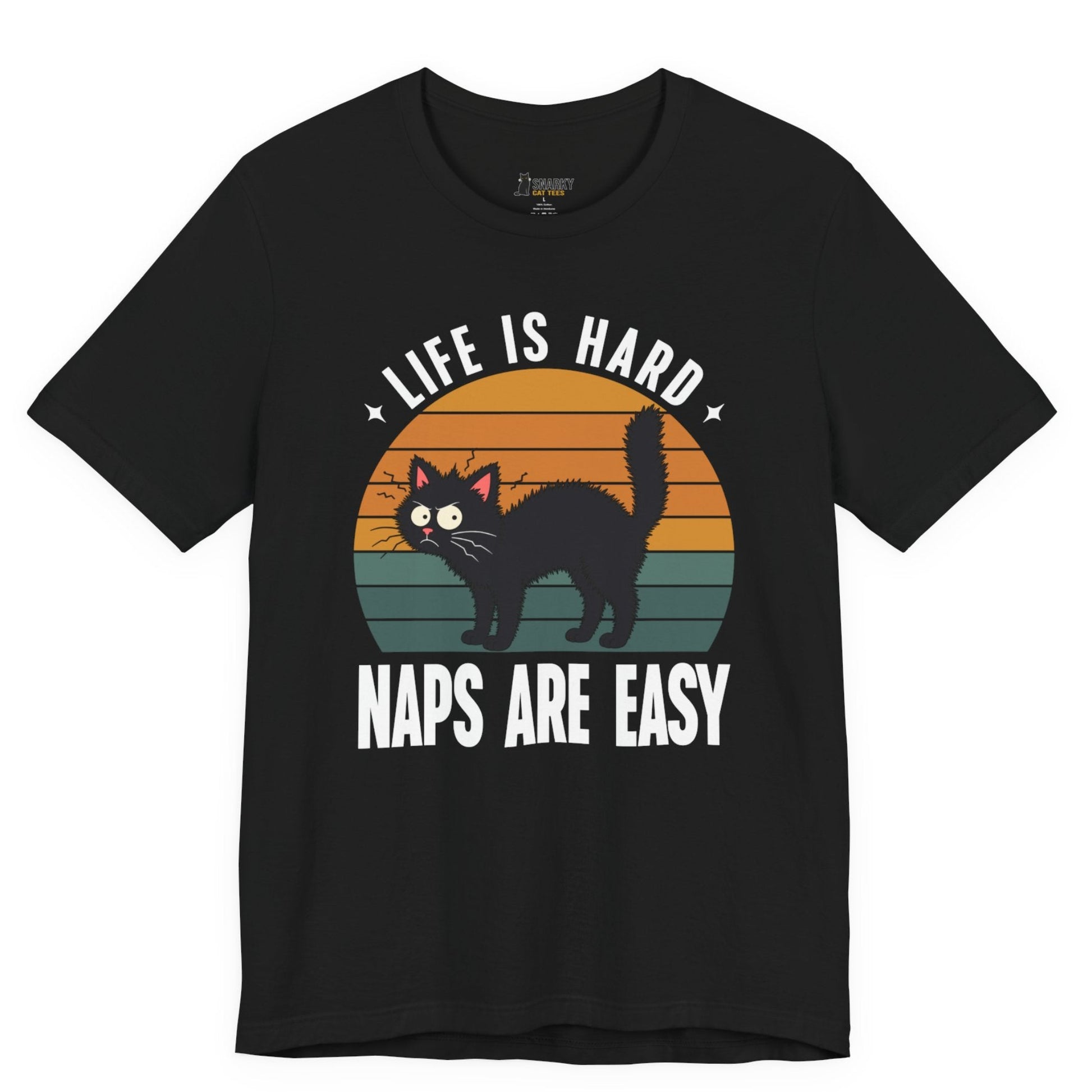 Funny cat t-shirt with Life Is Hard Naps Are Easy slogan and retro black cat graphic on black shirt