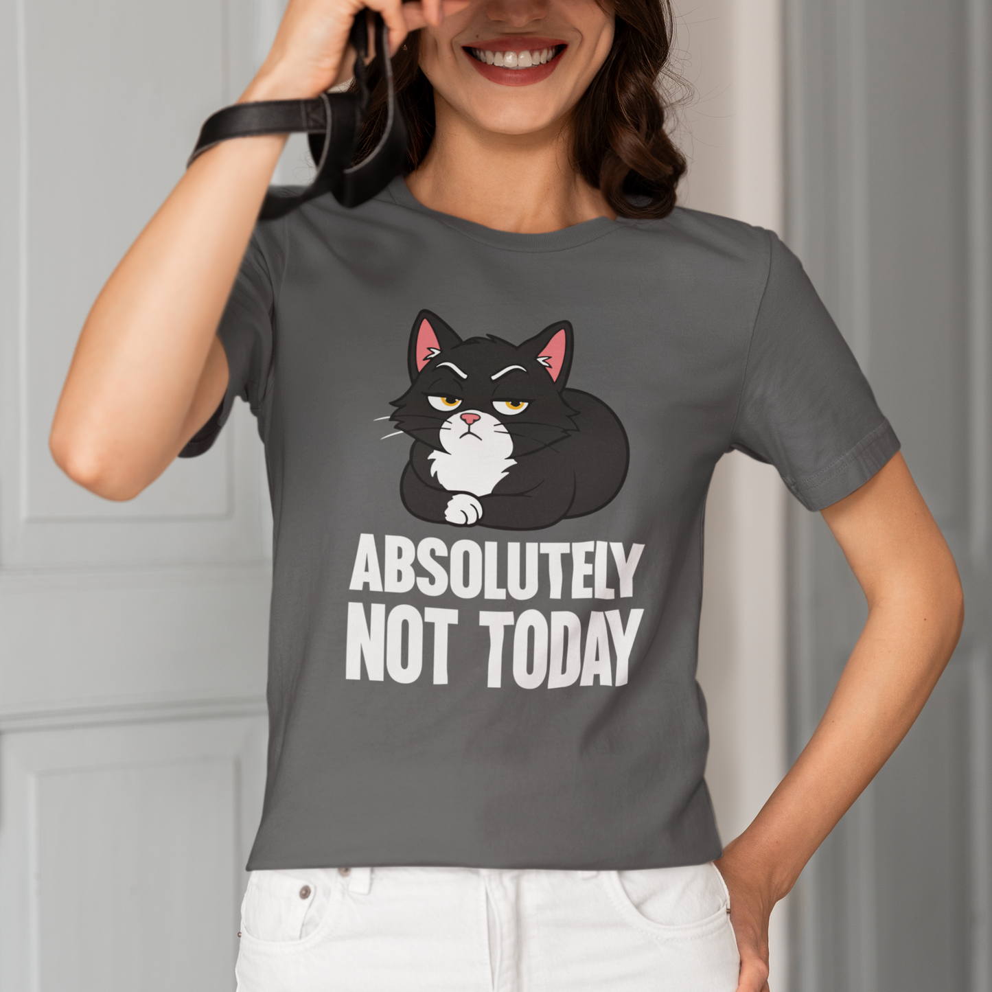 Model wearing Absolutely Not Today Loaf Cat T-Shirt with black loaf cat graphic design