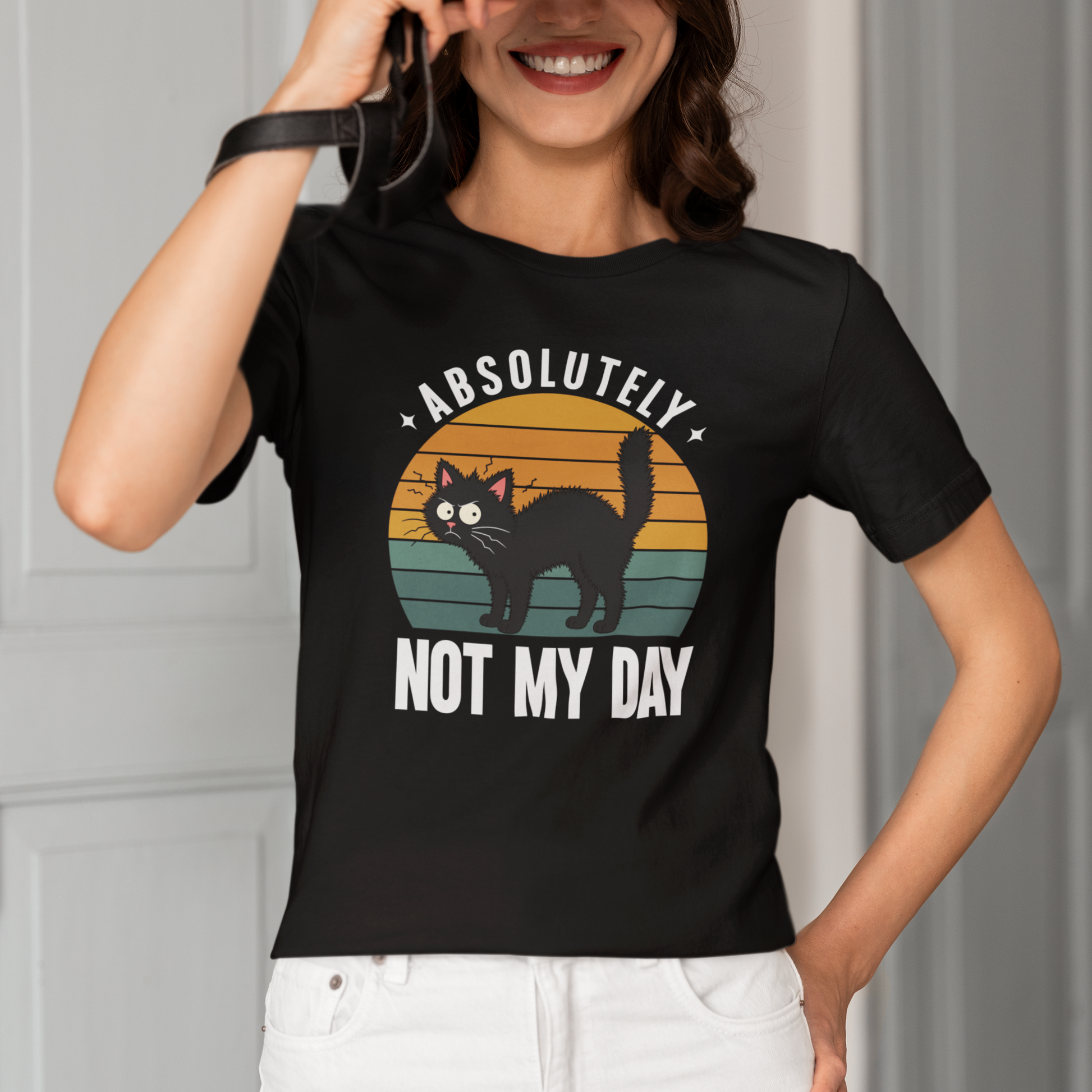 Model wearing Not My Day Chaos Cat T-Shirt with retro black cat graphic design