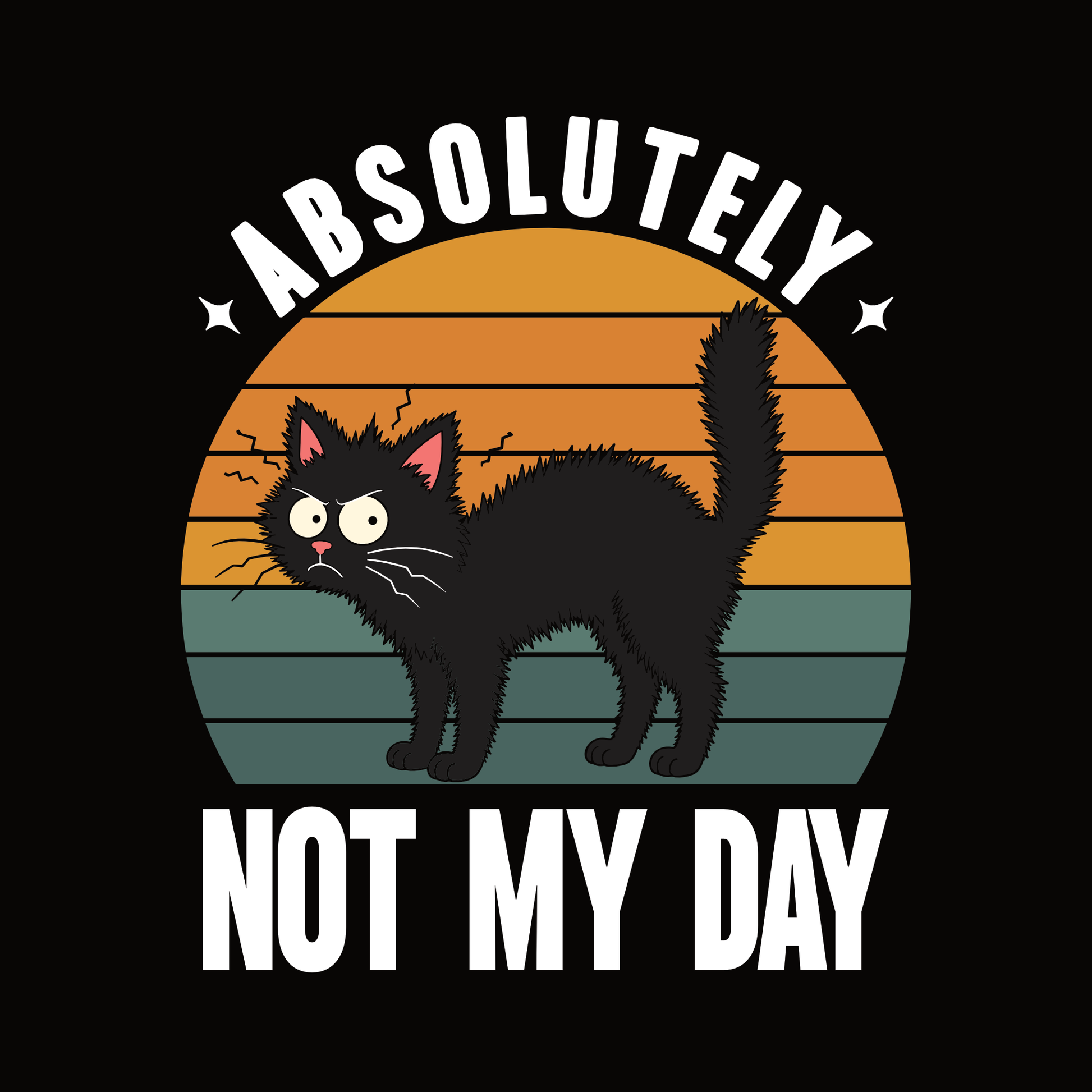 Not My Day Chaos Cat T-Shirt design with startled black cat, sunset background, and bold text