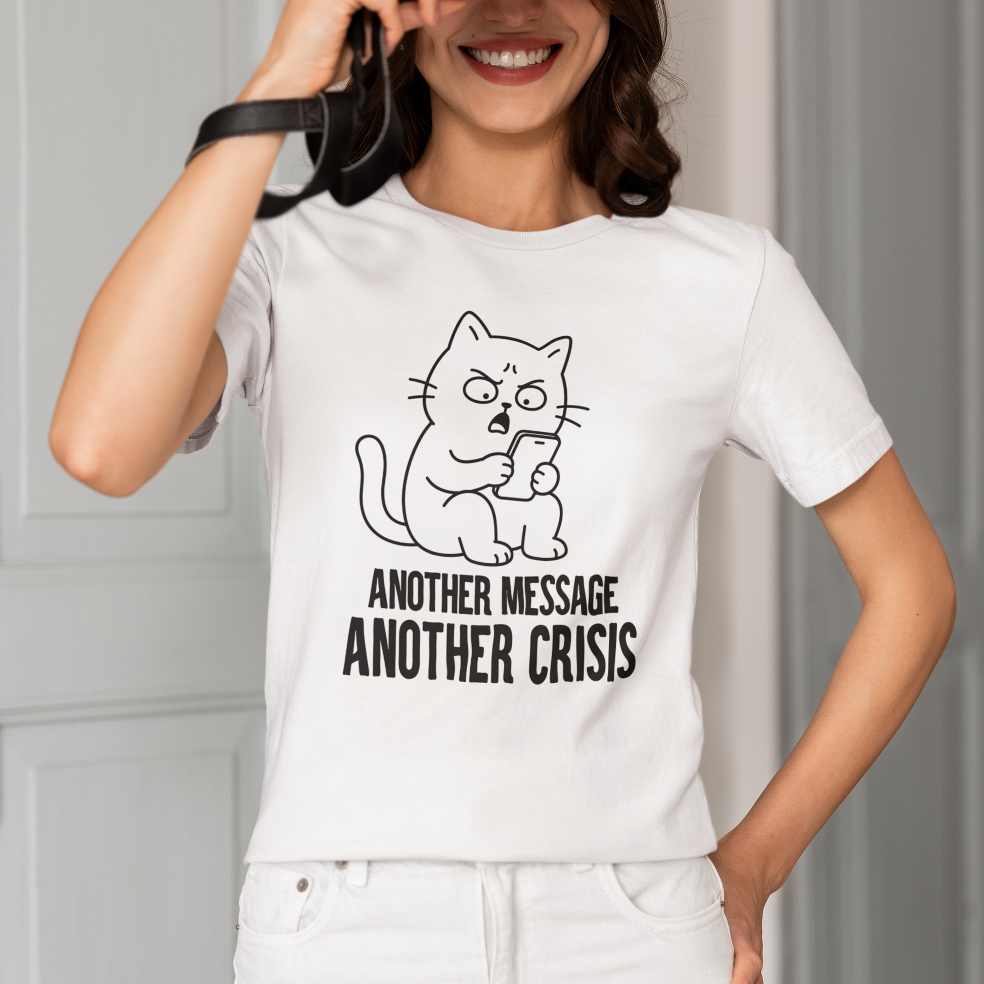 Model wearing Another Crisis Phone Cat T-Shirt with black phone cat graphic design