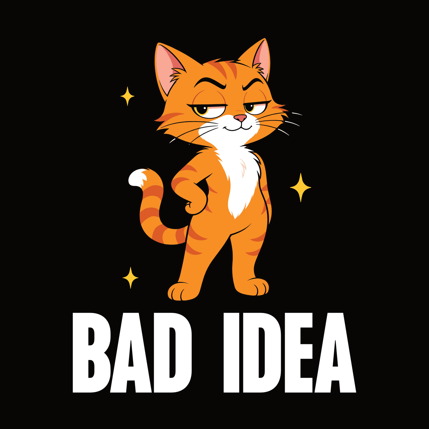 Bad Idea Judgy Cat T-Shirt design with standing orange cat graphic and bold text