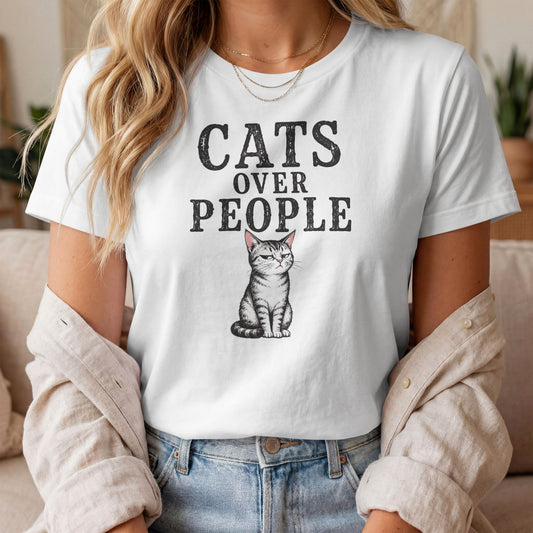 Model wearing Cats Over People Tabby Cat T-Shirt with tabby cat graphic design